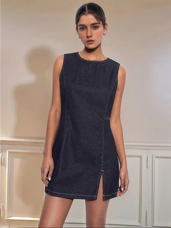 Dresses & Skirts - Dark Denim Mini Dress with slit. NWT. BLUE.